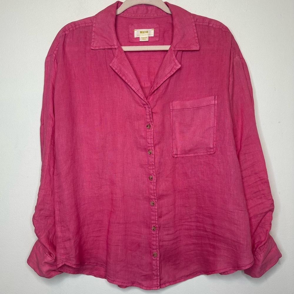 Maeve Anthropologie Pink Linen Long Sleeve Button Up Shirt Pocket Medium M